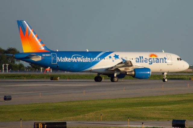 Airbus A320 (N218NV) - I'm super happy to get a shot of Allegiant's Make a Wish special. This is a great livery and organization. Allegiant 2765 is taxing to to runway 31 for departure to Nashville. Photo taken on July 19, 2020 at 3:06 PM with Nikon D3200 at 400mm.