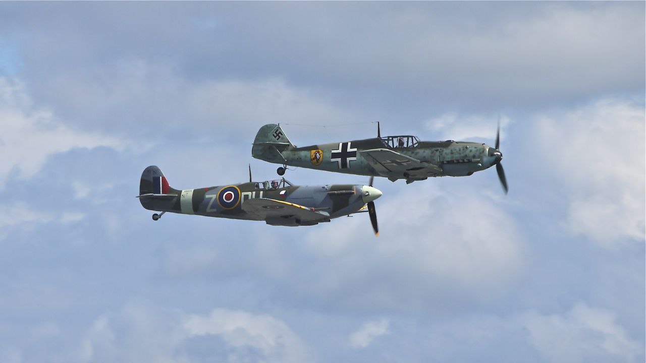 SUPERMARINE Spitfire (N614VC) - Once enemies.....Flying Heritage Collections Supermarine Spitfire AR614 Mk. Vc and Messerschmitt Bf 109 E-3 (Emil) (#N342FH) perform on Fly Day 9.7.13