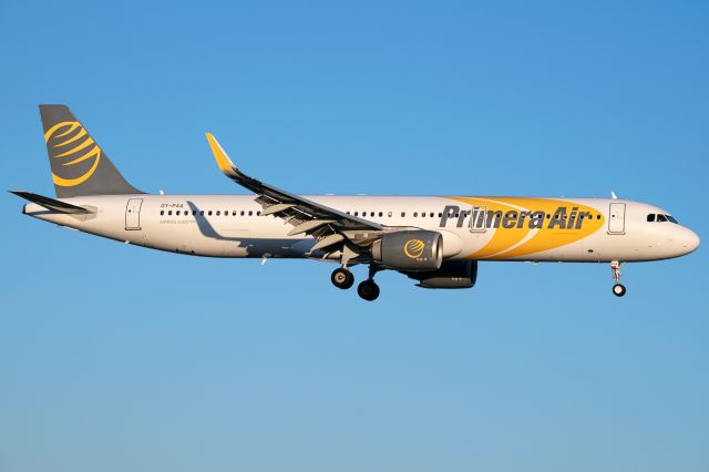 Airbus A321 (OY-PAA) - On a beautiful summer evening, the new Airbus A321Neo  operated by Primera Air lands at Totonto Pearson (YYZ) from London Stansted (STN). July 7, 2018.