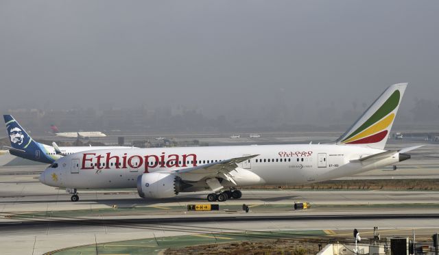 Boeing 787-8 (ET-ASI) - Arriving at LAX on a foggy morning.