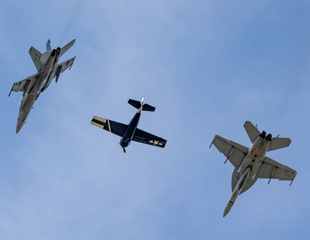 McDonnell Douglas FA-18 Hornet — - Navy Legacy flight with two F/A-18 Super Hornets and a F6F Hellcat.