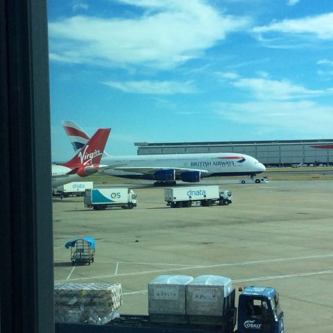 Airbus A380-800 — -  A BA A380 passes Terminal 3 at London Heathrow