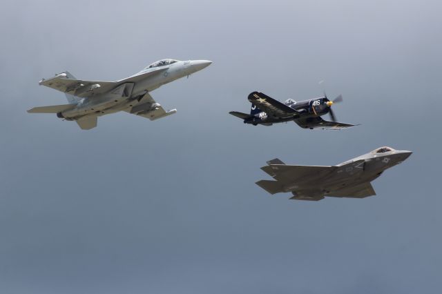 VOUGHT-SIKORSKY V-166 Corsair (N713JT) - The Corsair leads the Navy Heritage Flight.........With the Marine F-35C & EAF-18 Growlerbr /br /Sunday Air Show - And the Final Day for AirVenture 2022.