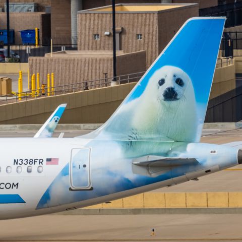 Airbus A320neo (N338FR) - A Frontier Airlines A320 neo "North the Harp Seal" taxiing at PHX on 2/13/23, the busiest day in PHX history, during the Super Bowl rush. Taken with a Canon R7 and Canon EF 100-400 II L lens.