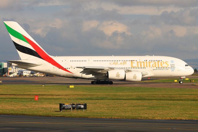 Airbus A380-800 (A6-EEE) - Manchester 01/02/17. Flight EK18 taxiing to runway 23R for takeoff to Dubai.