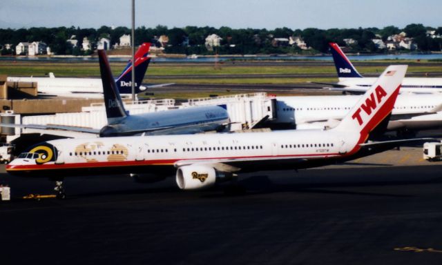 Boeing 757-200 (N709TW) - TWA B757-200 with St. Louis Rams helmet at Boston Logan on 7/14/01. 