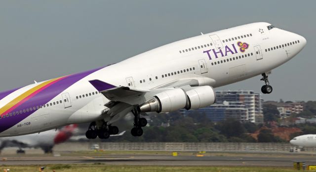 Boeing 747-400 — - THAI, B744, departing runway 034L at YSSY.