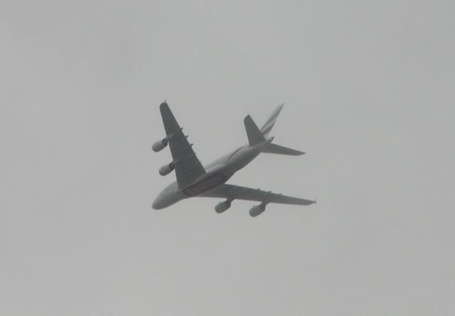 Airbus A380-800 (A6-EDM) - On approach Brisbane 6500 ft through morning mist.