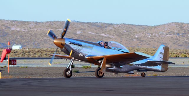 North American P-51 Mustang (N551MB) - Mike Brown taxies his North American F-51D "Goldfinger" (Race 2) back to the ramp after making one last practice run around the Unlimited course prior to the official start of the 2021 National Championship Air Races.