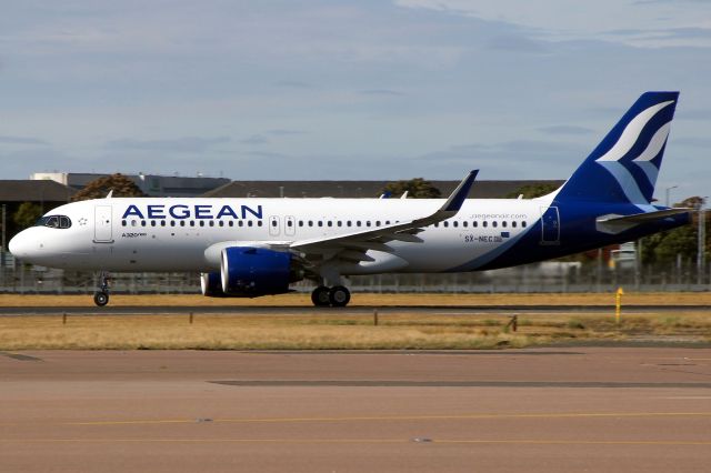 Airbus A320neo (SX-NEC) - Departing rwy 27R on 4-Aug-20 operating flight AEE603 to LGAV.