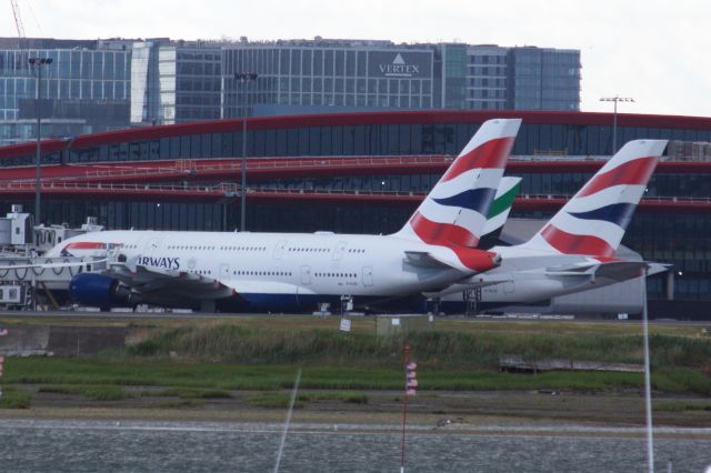 Airbus A380-800 (G-XLEA) - Unusual to see two A380's at one time at Logan. A380 G-XLEA prepares to depart back to IAD after diverting the day before due to weather.