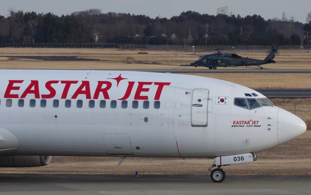 Boeing 737-800 (HL8036) - Eastar Jet's 737-800 arriving from Seoul while a JASDF UH-60J Blackhawk of the Air Rescue Wing Hyakuri Detachment performs a touch and go on the adjacent runway. (Please view in "full" for highest image quality)