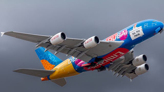 Airbus A380-800 (A6-EEU) - An Emirates (Destination: Dubai Livery) Airbus A380-861 lifting off from Runway 05 on January 06, 2024. Inbound to Dubai.