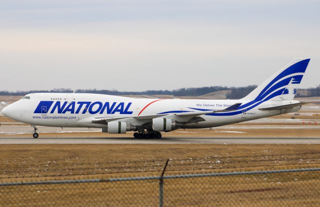 Boeing 747-400 (N756CA) - National Air Cargo 747-400 in the white livery slowing down on RWY 18L