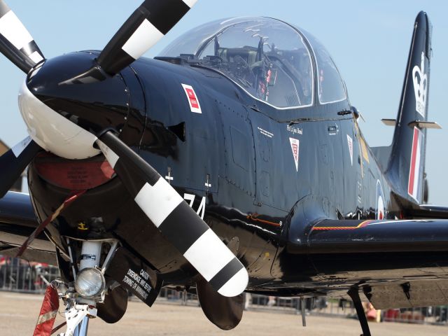 — — - Close up detail of the turbo prop, side pnels and canopy of the Super Tucano RAF trainer.