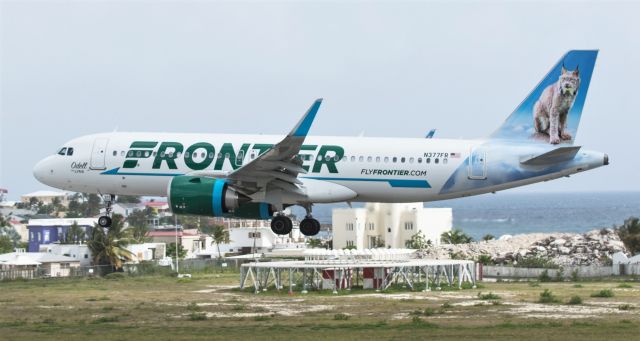Airbus A320 (N377FR) - Odell the lynx landing at St Maarten. 21/08/21