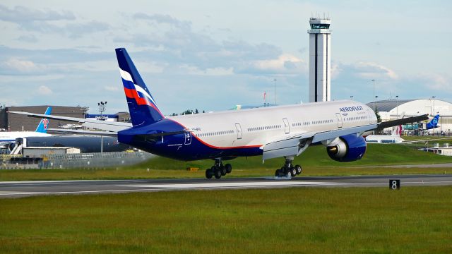 BOEING 777-300 (VQ-BFO) - BOE856 touches down on Rwy 16R to complete a ferry flight from KPDX on 5.15.20. (B777-3M0(ER) / ln 1654 / cn 65311). The aircraft was returning to KPAE after being painted.