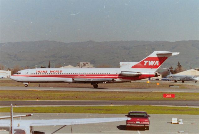 BOEING 727-200 (N54327) - KSJC - STL bound TWA 727 on 30 L powering up for departure - I can still kick myself for never getting video of this jet at SJC - the few of you who know me have seen my shaky videos that i took here at SJC for over 35years - I never got this on video.....argh!! During AM weather Ops, when Runway 12R was in use, the TWA 727s would be rotating wheels off about the same place in view. I have a picture on this site of a different TWA 727 departing for STL fully loaded and it was dicey to say the least. The poor people who lived in the area south of 30L did not get to sleep in quietly on those days....