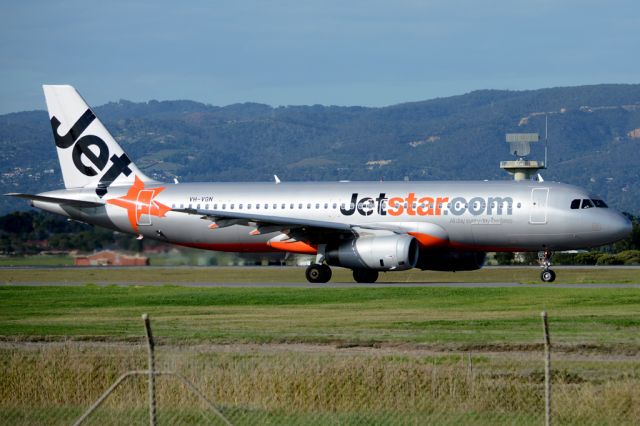 Airbus A320 (VH-VGN) - On taxiway heading for take-off on runway 05. Wednesday, 21st May 2014