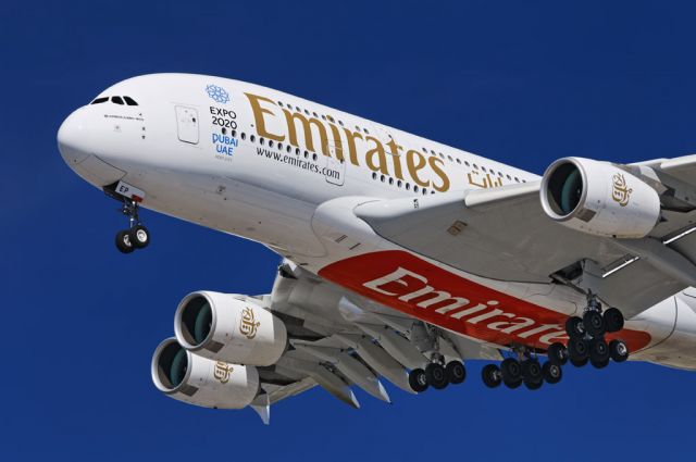 A6-EEP — - An Emirates operated Airbus A380-861 superjumbo with promotional "Expo 2020 Dubai UAE" emblem on final approach to the Los Angeles International Airport, LAX, in Westchester, Los Angeles, California