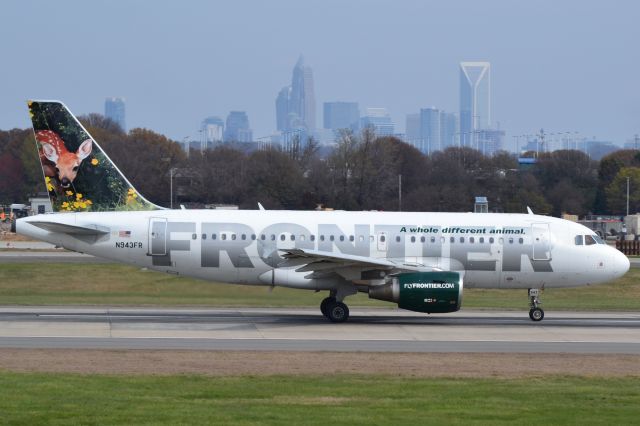 Airbus A319 (N943FR) - "Chloe the Deer Fawn" livery departing runway 18C at KCLT - 3/17/18