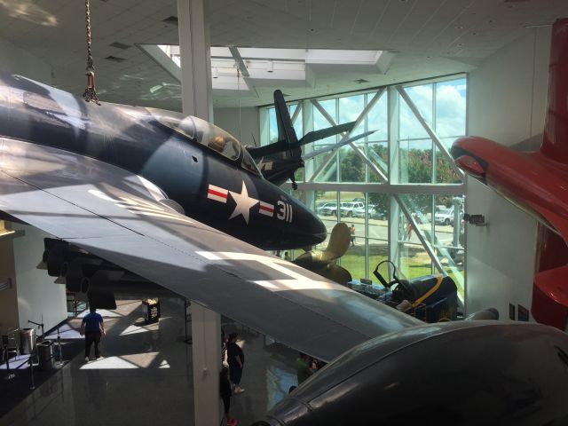 Grumman F9F Panther — - This pic makes an awesome iPhone 6 background! A Grumman F9F Panther and FM-2 Wildcat above the naval air museum 