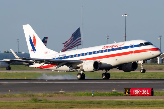 Embraer 170/175 (N760MQ) - The Eagle has landed! The new Envoy American Eagle retro jet touching down on runway 18R after a short flight from Killeen-Fort Hood Regional Airport.