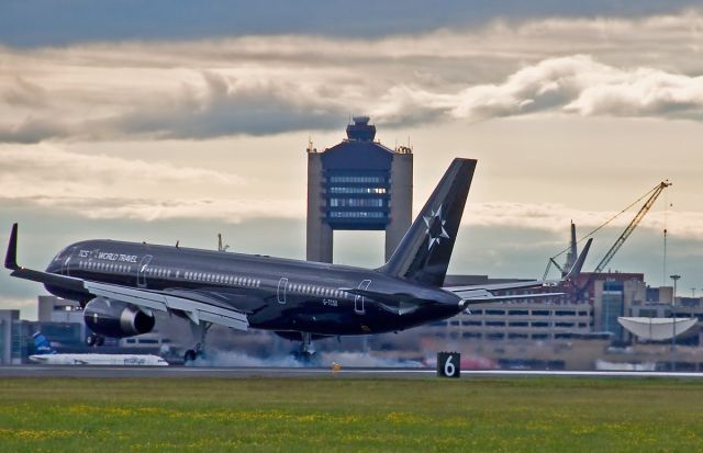 Boeing 757-200 (G-TCSX) - TCS World Travel B757-200 smoke show RWY27 landing @ KBOS Logan 06/29/2015