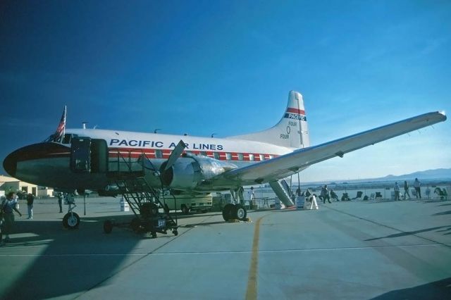 MARTIN 404 (N636X) - Martin 404 N636X at Edwardds Air Force Base on October 9, 1999. It was based at the Camarillo Airport. It was delivered to TWA on July 16, 1952, registered as N40429. Its name was Skyliner Peoria. In 1959 it was sold to California Airmotive Corporation. Subsequently it was owned by E. F. McDonald, James McAlister, Montex Drilling Corporation, Airworld Incorporated, Whitesell Construction Corporation, Joe Simpkins Oil, Tiffany Industries Isd., Phase II Incorporated, Sun & Wind Incorporated, and Skylease Incorporated of Wilmington, Delaware. It has been registered to the Planes of Fame Air Museum since September 25, 2008 and is on display at the Grand Canyon Planes of Fame Air Museum in Valle, Arizona.