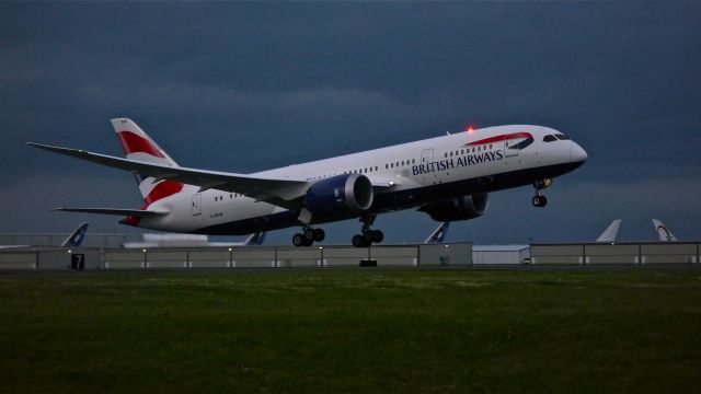 Boeing 787-8 (G-ZBJE) - As darkness falls BAW9158 rotates from Rwy 16R for its delivery flight to EGLL / LHR on 5/16/14. (LN:173 / cn 38612). This is the fifth B788 to be delivered to BAW.