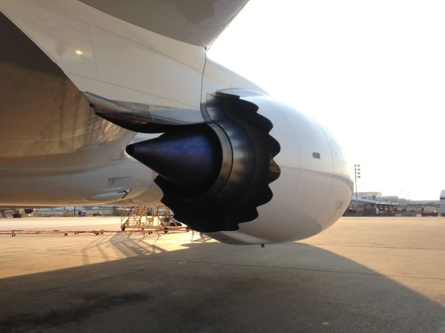 Boeing 787-8 (N27904) - On the ramp at United Maintenance base, inspecting the 787.  Right (or #2) GENx-7B engine with the noise reducing scalloped fairing.