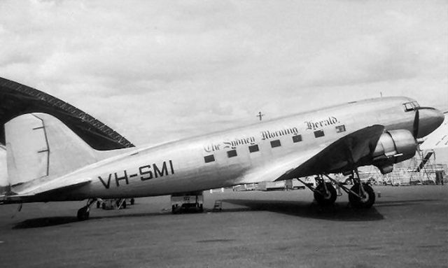 Douglas DC-3 (VH-SMI) - The second DC3 used by Sydney Morning herald for early morning newspaper delivery flights. Mascot Airport 1948 from the late great John Hopton Collection