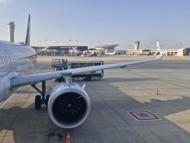 4X-AGK — - A321NEO engine and left wing with the background of Terminal 3 of Ben Gurion International Airport
