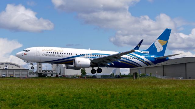 Boeing 737 MAX 8 (A4O-MF) - BOE932 on short final to Rwy 34L while doing pattern work on 5.6.20. (B737-8MAX / ln 7438 / cn 63358). The aircraft is using temporary reg #N1800B.