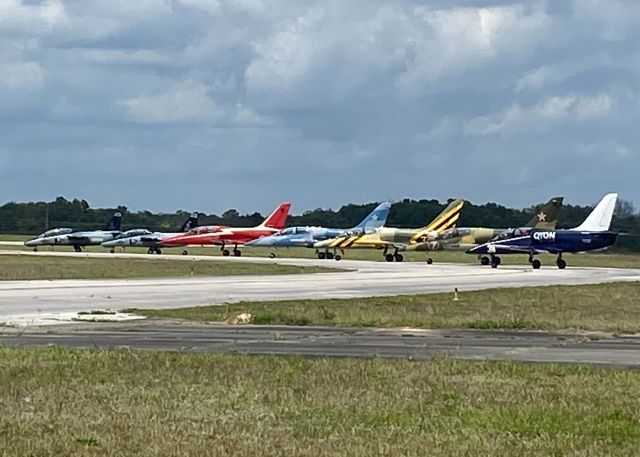 Aero L-39 Albatros (N139GX) - A flock of seven, two SIAI-Marchetti S211s and five L-39 Albatros taking off for formation practice for SUN 'n FUN Aerospace Expo, APRIL 5-10, 2022 Lakeland, FL from Space Coast Regional Airport in front of Valiant Air Command (VAC) Warbird Museum in Titusville, FL.