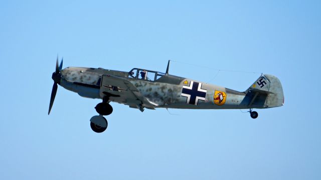 N342FH — - FHCs Messerschmitt Bf 109 E-3 (Ser #1342) on rotation from Rwy 34L on 8.26.17.