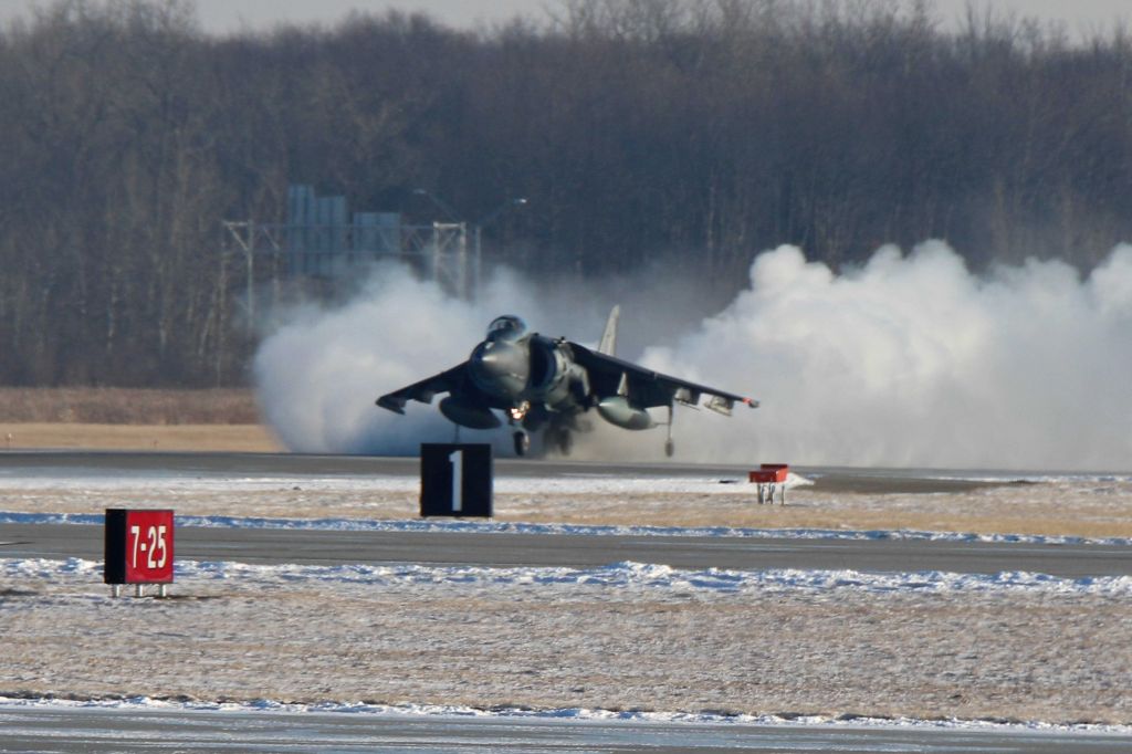 Boeing Harrier (16-3879) - I’ve seen my share of Harriers but this was the first one I’ve seen kicking up snow. Amazing! This was one of eight USMC McDonnell Douglas/Boeing AV-8B(R)-25-MC Harrier II+’s from Marine Attack Squadron 231 (VMA-231), USMC fixed wing attack squadron, “Ace of Spades", MCAS Cherry Point, North Carolina that spent a few days in the cold Ohio weather. Photo taken on 18 Jan 2018.