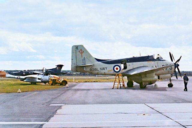 FAIREY Gannet (073E) - Fairey Gannet AEW3, serial number XP226, 073E 849 D flight NAS,Vampire A79-603 plus Buccaneer S2B 113E 800 NAS. September 1971 RAAF base Pearce (YPEA).