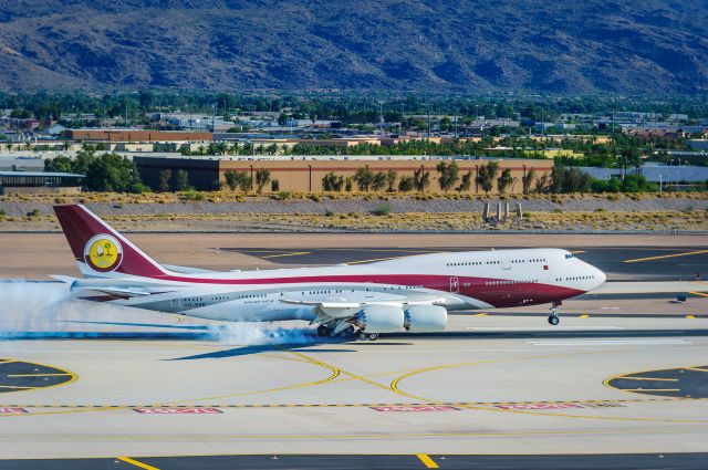 BOEING 747-8 (VQ-BSK) - This beautiful 747-8 belongs to the former Emir of Qatar. Seen here landing back in Phoenix after flying in from Zurich, Switzerland. At an estimated cost of over $375 million, she IS the most expensive, luxurious, and largest private aircraft in the world.  br /br /Please vote if you like my images! Thank you!br /br /©Bo Ryan Photography |a rel=nofollow href=http://www.facebook.com/boryanphotowww.facebook.com/boryanphoto/a