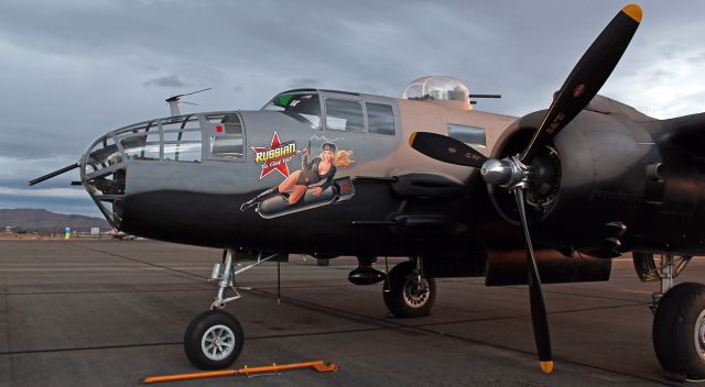 N747AF — - Russian To Get Ya, a North American B-25J Mitchell bomber (N747AF, 44-30456), is captured here in the dusk light on the ramp at Reno Stead Airport.