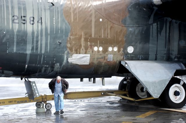 59-2584 — - This is our tour guide, walking away from the ventral crew hatch.br /br /This is the B-52 Stratofortress, long range nuclear bomber, Midnight Express, at the Museum of Flight restoration facility in Everett, Washington. This aircraft served in SAC for 31 years! a rel=nofollow href=http://rbogash.com/B52text_A.htmhttp://rbogash.com/B52text_A.htm/a