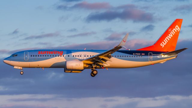 Boeing 737-800 (G-FDZZ) - Sunwing 437 arrives home to a glorious sunset from Punt Cana, Dominican Republic. Short finals for runway 06Lbr /April 8th, 2018