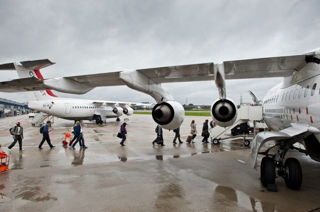 Avro Avroliner (RJ-85) (EI-RJY) - Loading up one of Cityjets RJ-85 aircraft, at Londons City Airport.  Sept 2011