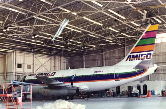 Boeing 737-700 (N505AV) - 1991 - N505AV becomes "Aero Amigo" a part 129 operating for Hotels Dinamicos, S.A. de C.V. Later named "Aero Feliz" This photo was taken at the famous Associated Air Center. Neither the aircraft or Associated Air Center exist today.