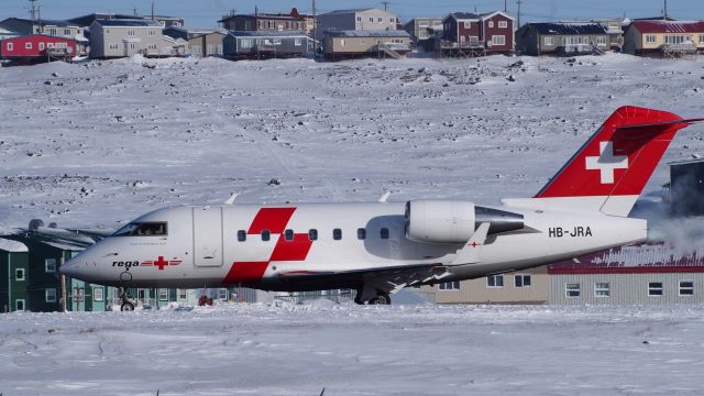 Canadair Challenger (HB-JRA) - A Bombardier Canadair Challenger - CL60, Rega - Swiss Air Ambulance, leaving Iqaluit. Feb. 24. 2018