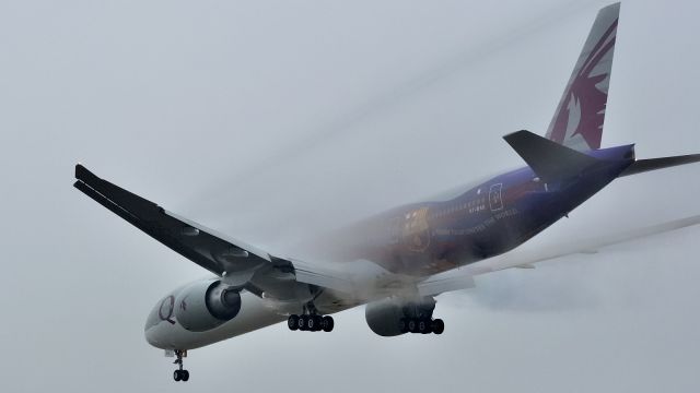 BOEING 777-300ER (A7-BAE) - Arriving from Doha in misty, dense fog.