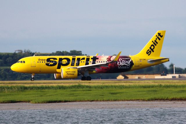 Airbus A320neo (N932NK) - Spirit A320-271N (N932NK) in special 'Spirit Untamed' livery departing Logan early morning on 6/23/21. Plane previously had Country Singer Brett Young special livery.