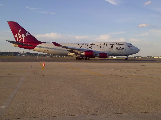 Boeing 747-400 (G-VROC) - The Virgin 12E operated by GVROC departs Boston for London Heathrow via A, A-1, B, N, for takeoff on 22R