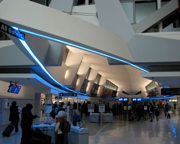 — — - Buffalo Niagara Internationals main passenger check-in lobby has a modern, 21st century design.