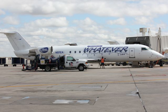 Canadair Regional Jet CRJ-200 (N97EA) - Bud Light contest winners flown to Crested Butte in this aircraft on 9-5-14.